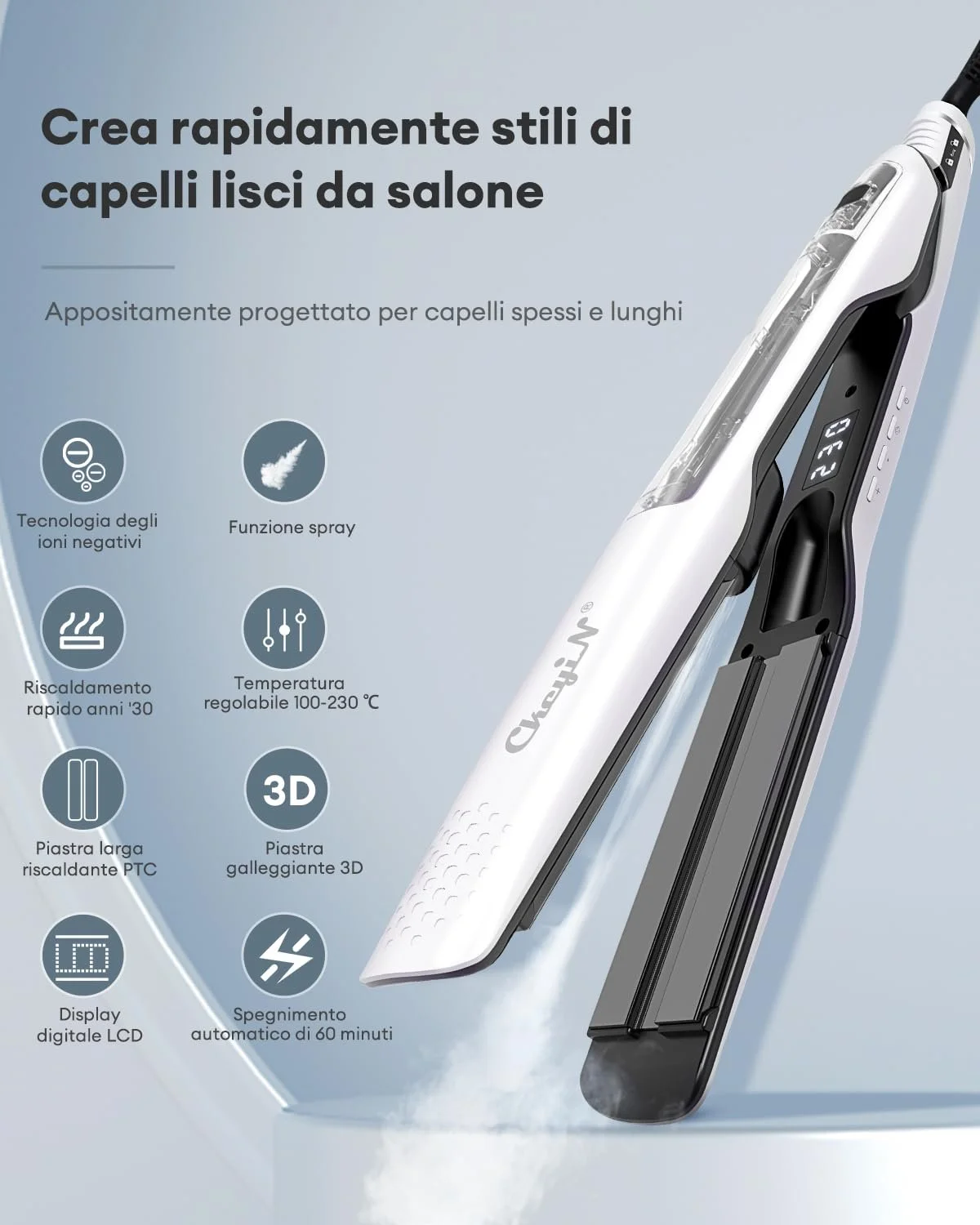 Паровой выпрямитель CkeyiN Professional Steam Ceramic 2-in-1 PTC Negative Ion 30s 100-230°C Белый, фото №7 Паровой выпрямитель CkeyiN Professional Steam Ceramic 2-in-1 PTC Negative Ion 30s 100-230°C Белый, фото №7