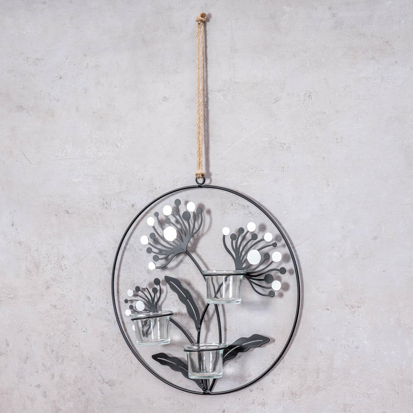 Тримач для свічок настінний металевий чорний срібний 30 см квіти, фото №3