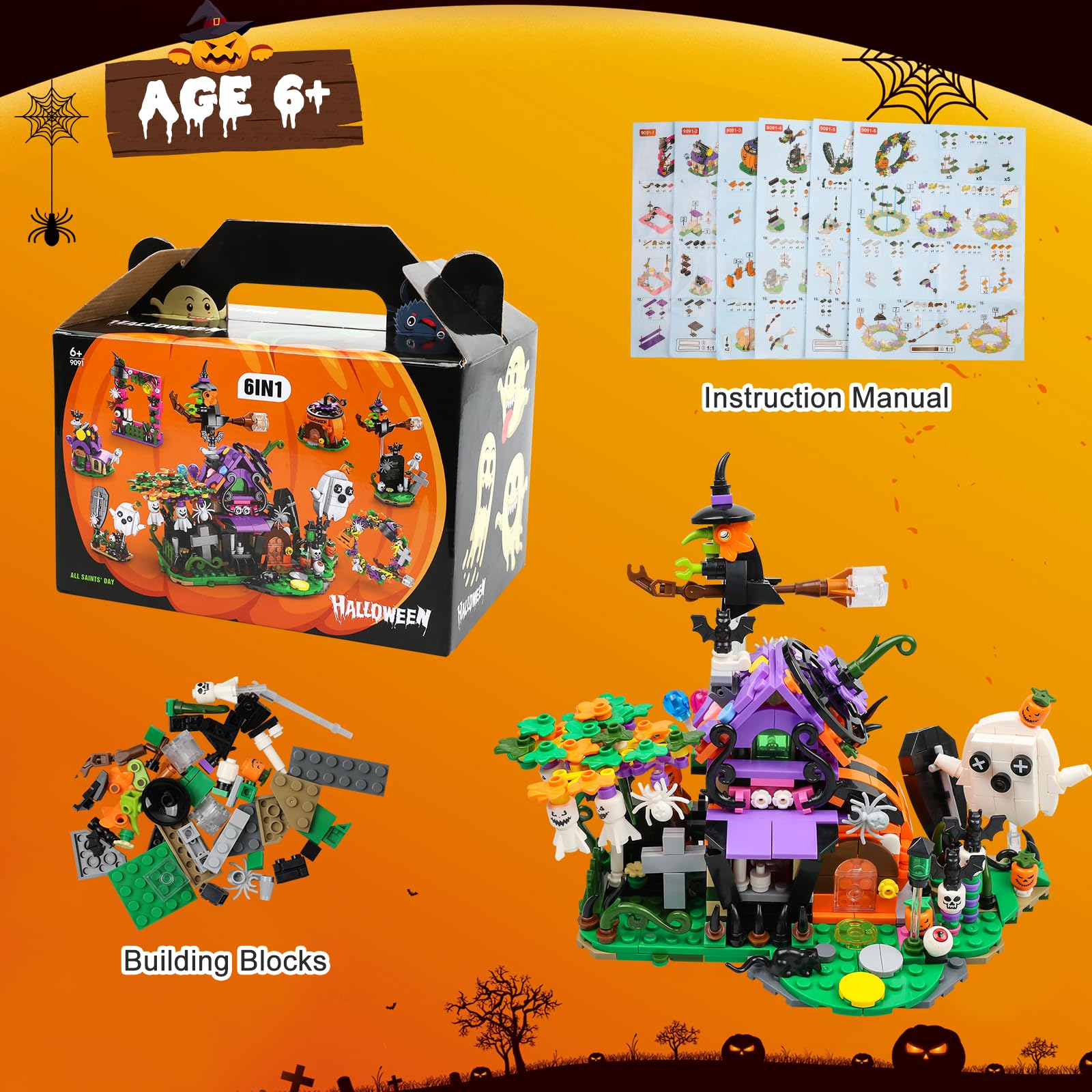 Набор MOEMOE BABY Halloween Building Block Model 6-in-1 Halloween Pumpkin House Ghost House 603 Pieces, фото №6