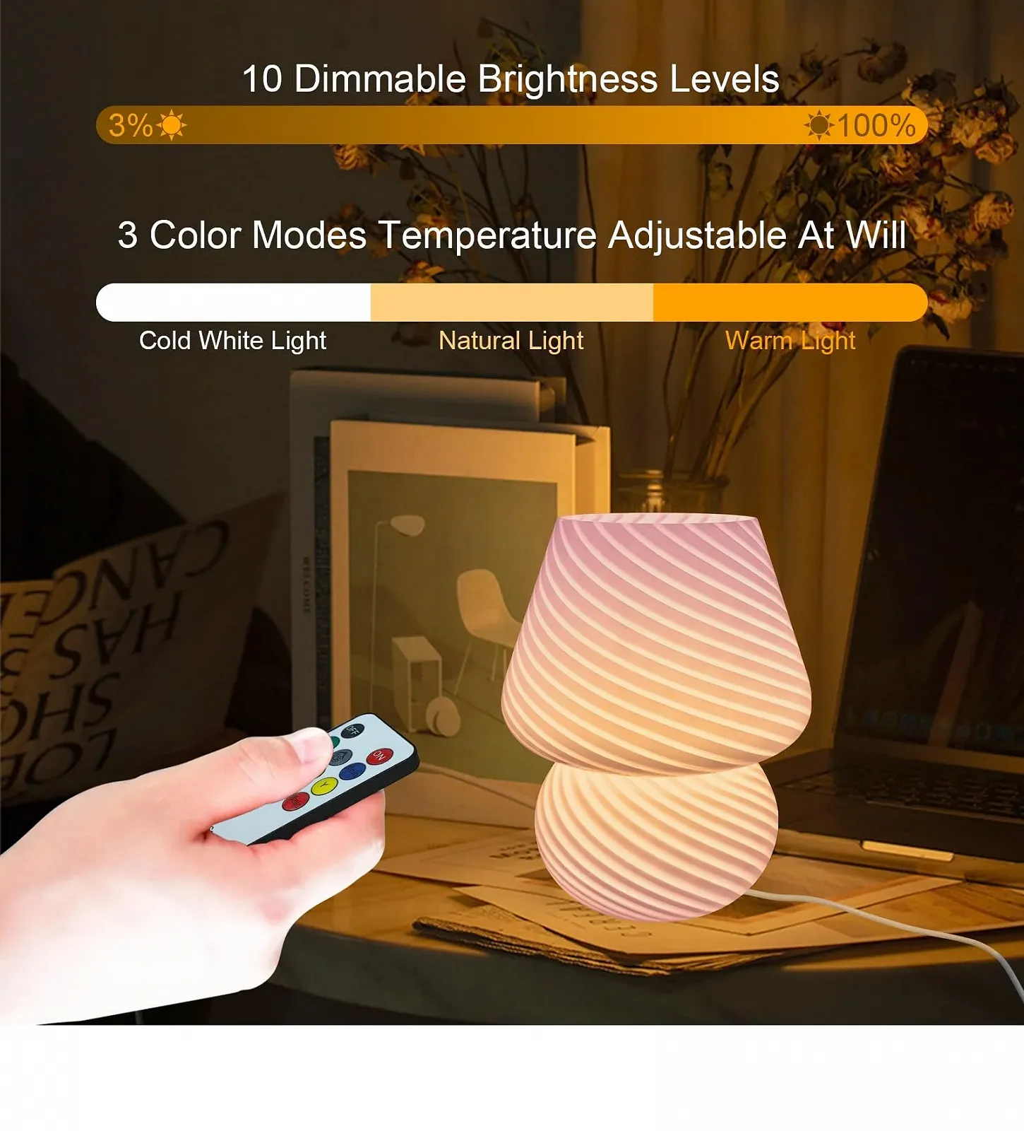 Настільна лампа Mushroom Lamp Glass Dimmable Remote Control Рожева, фото №4