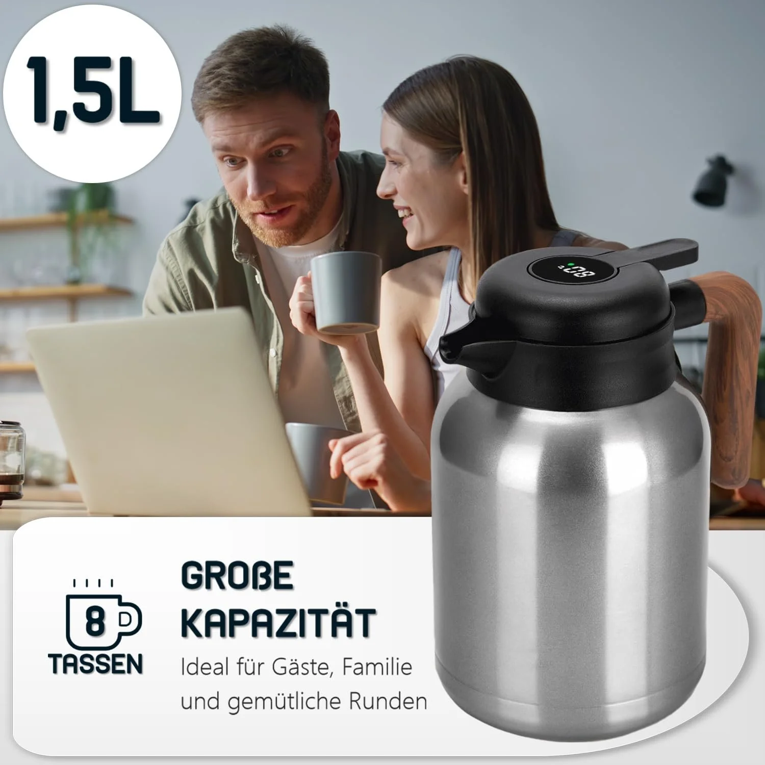 Термос-кавник VETIN 1.5 л, з подвійними стінками з нержавіючої сталі 304, з дисплеєм температури, фото №5 Термос-кавник VETIN 1.5 л, з подвійними стінками з нержавіючої сталі 304, з дисплеєм температури, фото №5