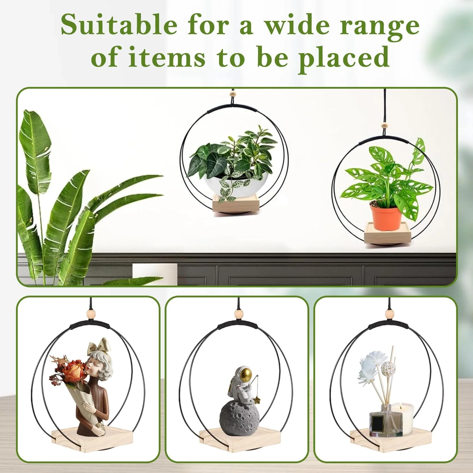 Підвісний квітковий горщик 30 x 30 см з дерев'яною основою та гачком Чорний, фото №5 Підвісний квітковий горщик 30 x 30 см з дерев'яною основою та гачком Чорний, фото №5