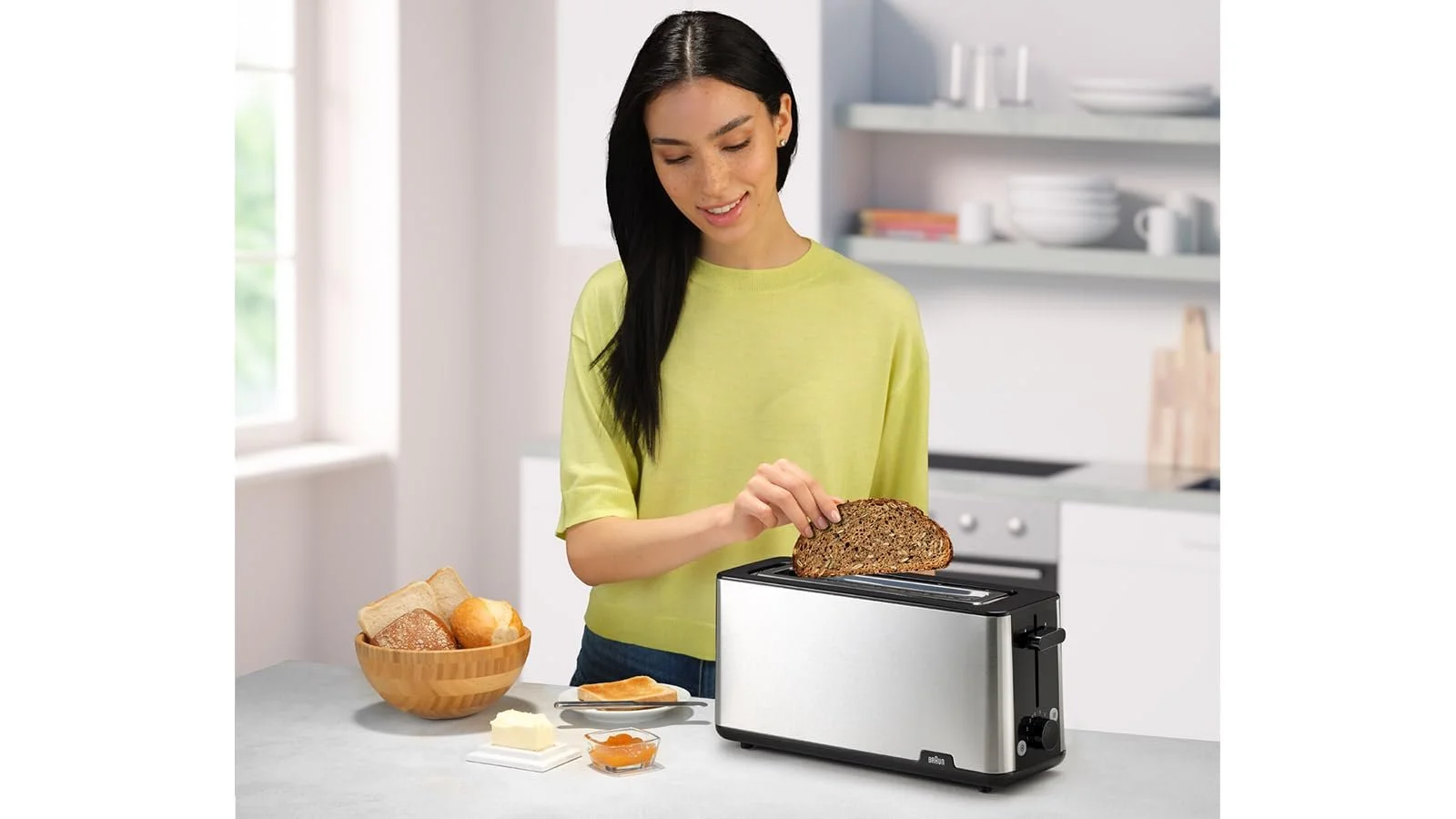 Тостер Braun PurShine HT 1610 BK, слот для хлеба 25 см, 8 уровней поджаривания, функции разогрева и разморозки, насадка для хлеба, отсек для крошек, 1030 Вт, черный, фото №4