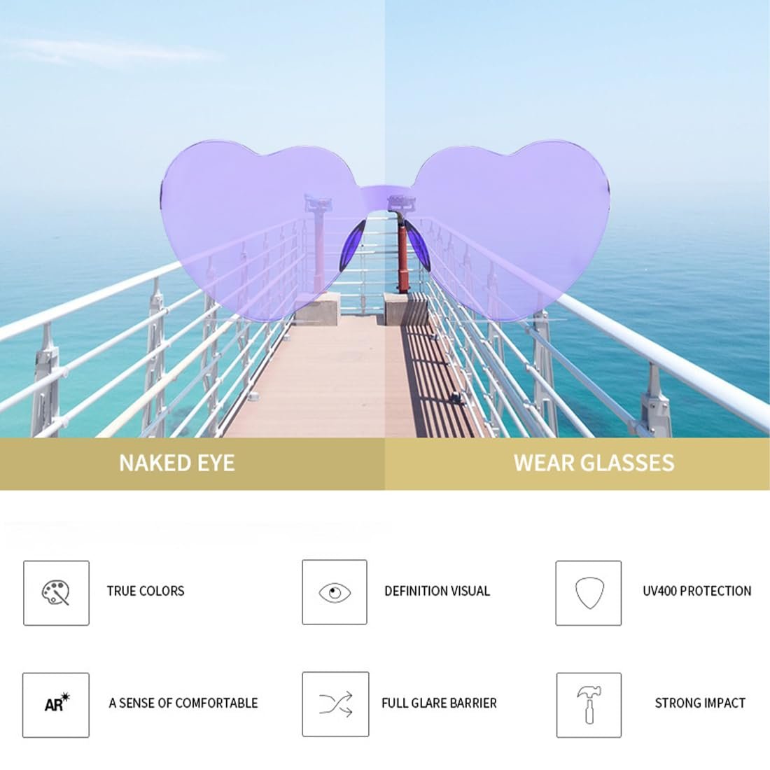 Солнцезащитные очки Без оправы ZKSXOA Форма сердца Бескаркасные, фото №3