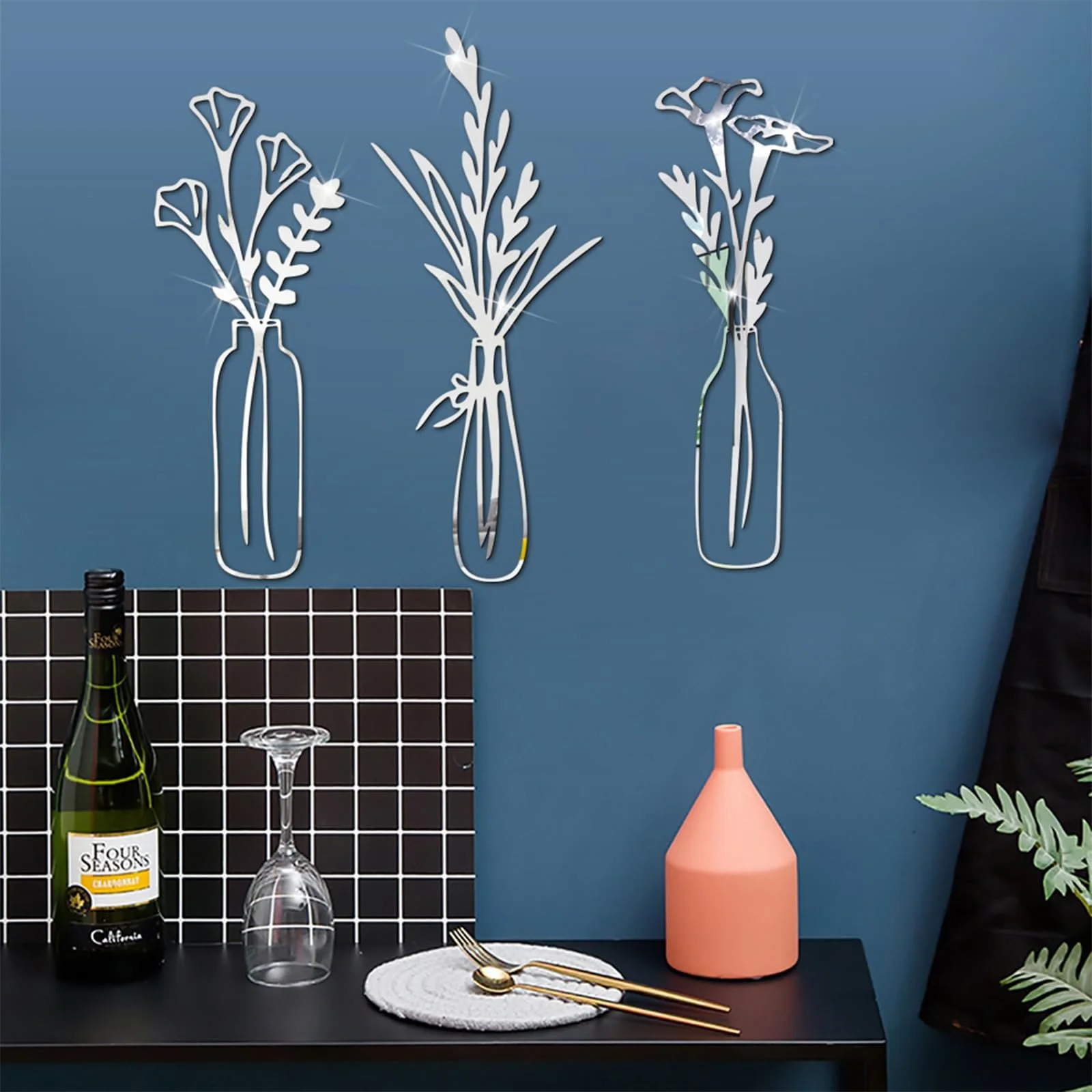 Наклейки на стену Акриловые зеркальные Цветы Ваза 3D Самоклеящиеся 3 шт. Серебристый, фото №8