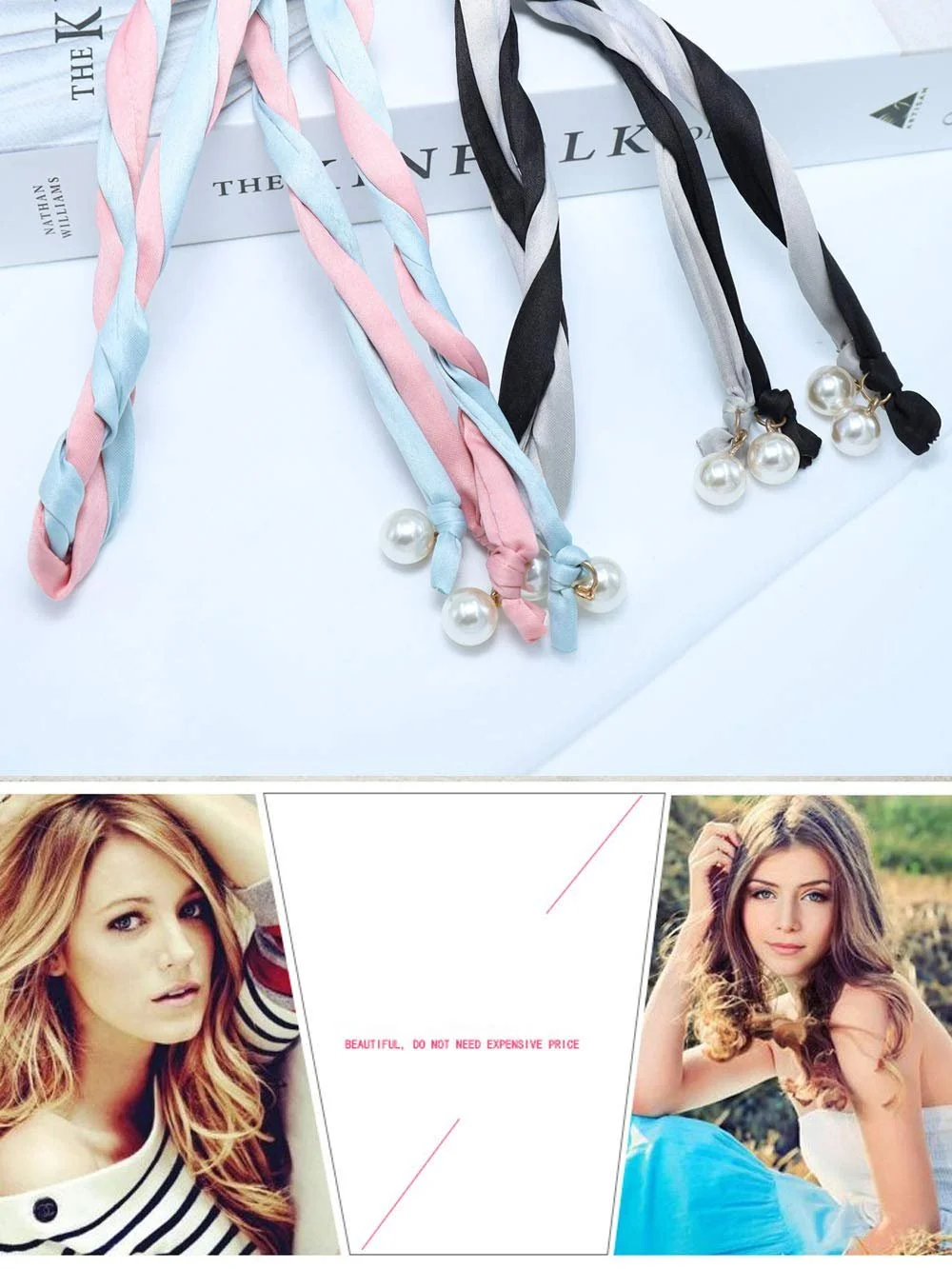 Пов'язка в стилі бохо з намистинами та залізним дротом Синьо-рожевий, фото №3