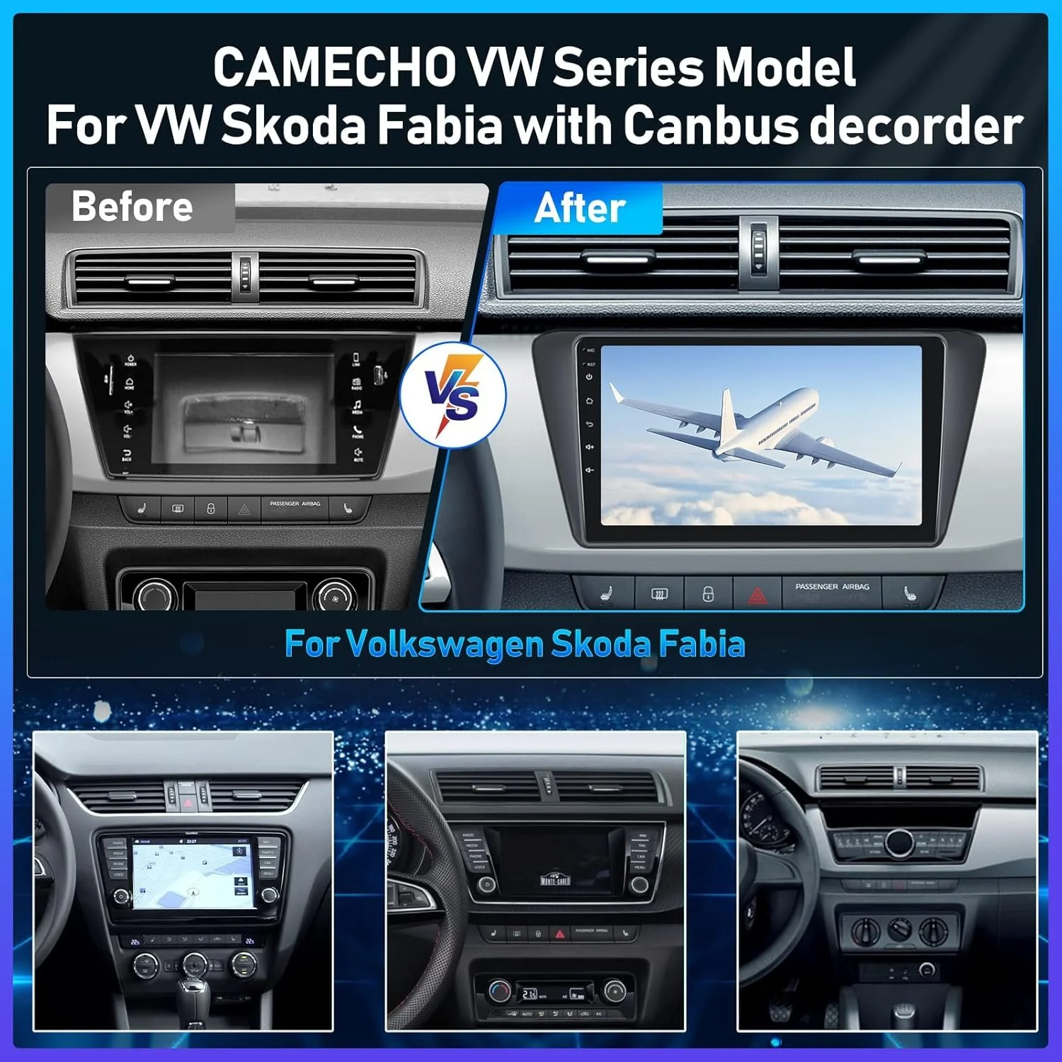 Штатна автомагнітола CAMECHO для VW Skoda Fabia 2015-2019 / 9" / Сенсорна / 1/16Гб / Android 11 / Apple CarPlay / Android Auto / Bluetooth / WI-FI / GPS / USB, фото №2 Штатна автомагнітола CAMECHO для VW Skoda Fabia 2015-2019 / 9" / Сенсорна / 1/16Гб / Android 11 / Apple CarPlay / Android Auto / Bluetooth / WI-FI / GPS / USB, фото №2