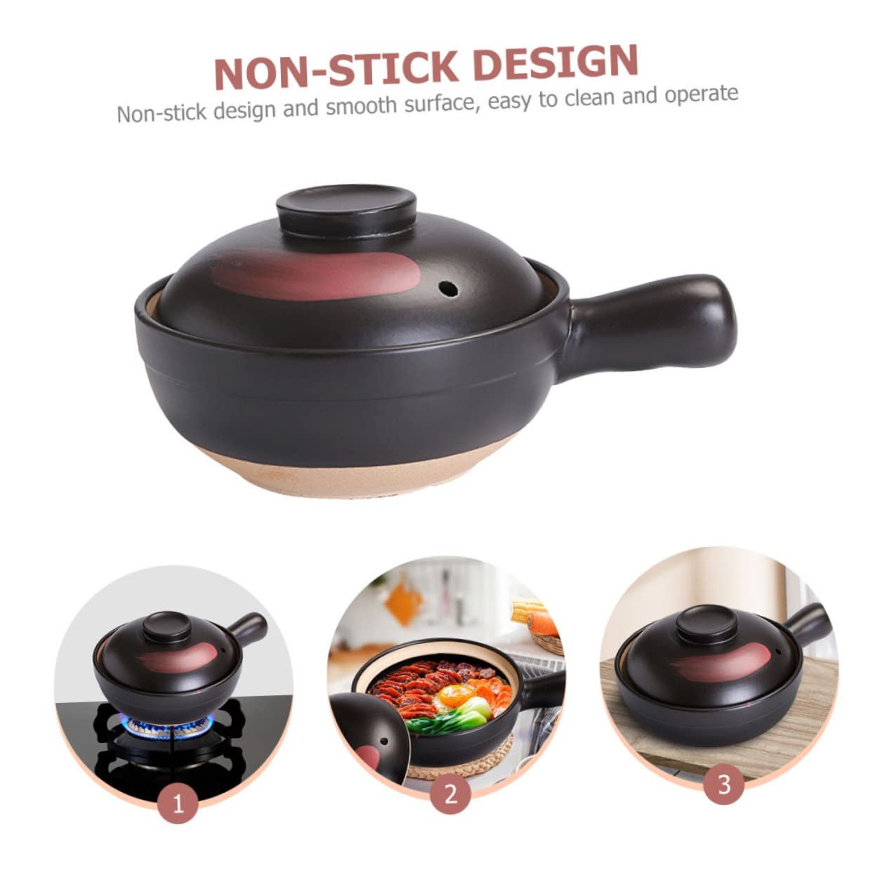 Кастрюля глиняная термостойкая для газовых плит маленькая Черная с красным узором, фото №6