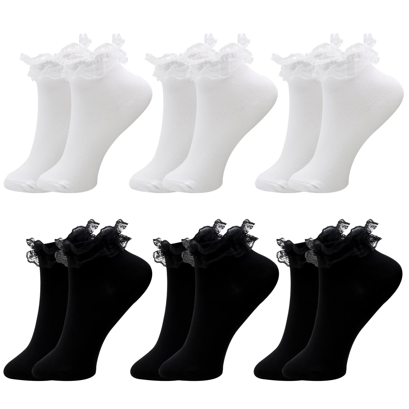 Женские носки VEGCOO 6 пар Черные Белые Хлопковые с рюшами Размер 6-6, фото №1