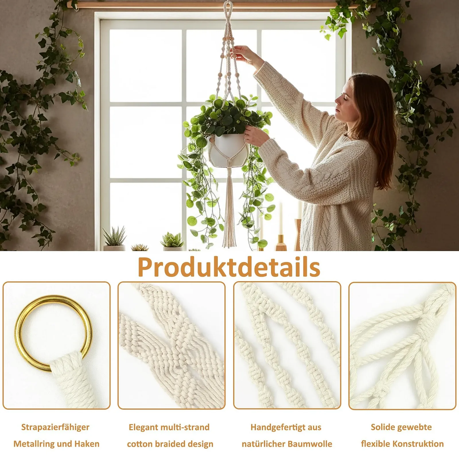 Подвесные корзины Набор 5 шт. хлопковая веревка 10 крючков 2 размера: 4x105 см и 1x140 см, фото №4 Подвесные корзины Набор 5 шт. хлопковая веревка 10 крючков 2 размера: 4x105 см и 1x140 см, фото №4