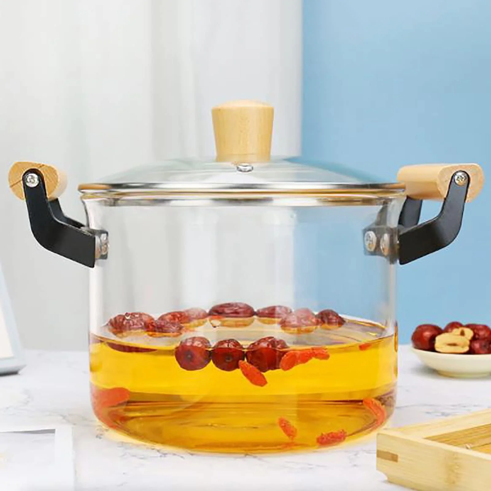 Каструля Guoyoocc Скляна термостійка прозора з кришкою та дерев'яною ручкою для приготування локшини, супу, молока, фото №1 Каструля Guoyoocc Скляна термостійка прозора з кришкою та дерев'яною ручкою для приготування локшини, супу, молока, фото №1