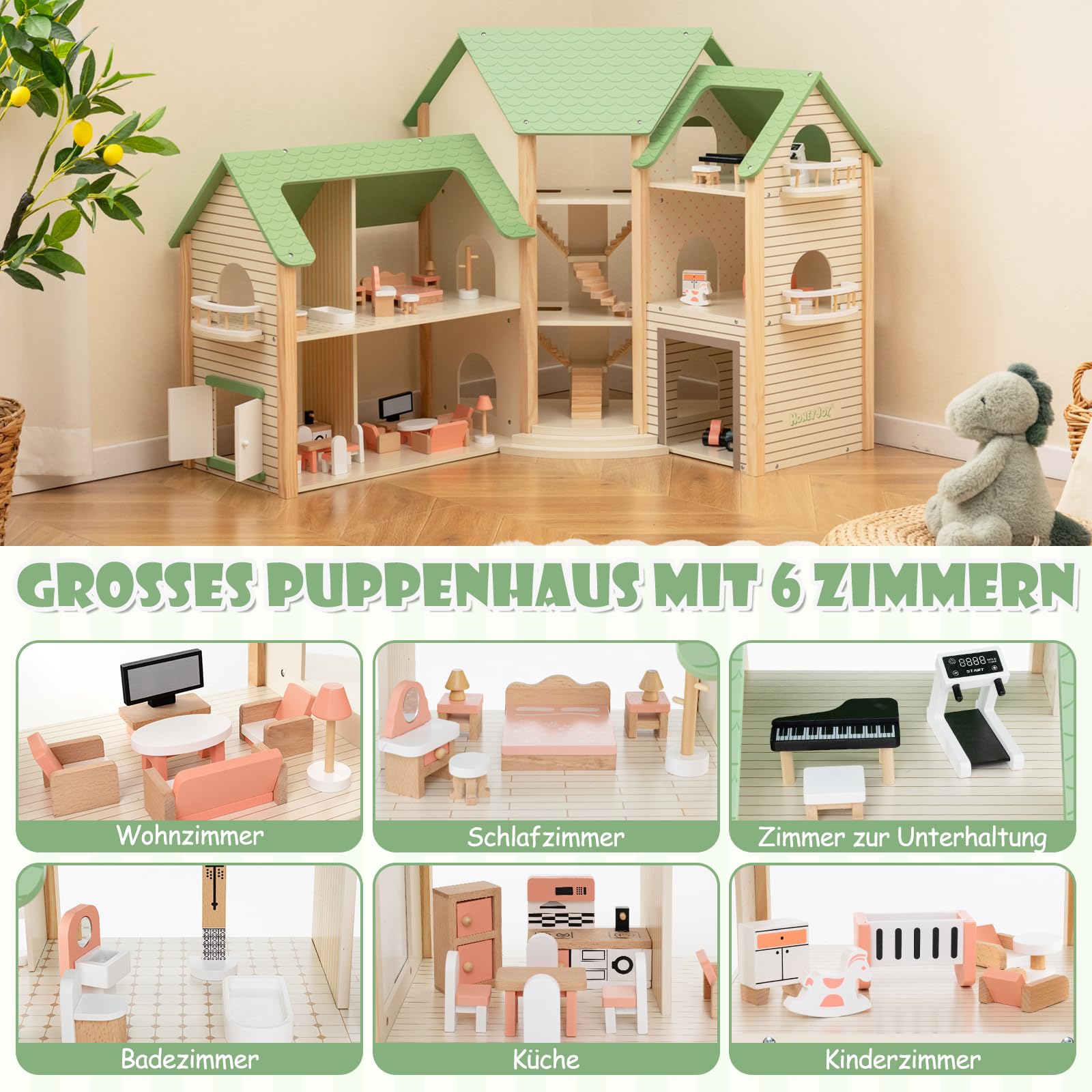 Дерев'яний будиночок для ляльок DREAMADE 3 рівні, 7 кімнат, 36/42 меблі Зелений, фото №2