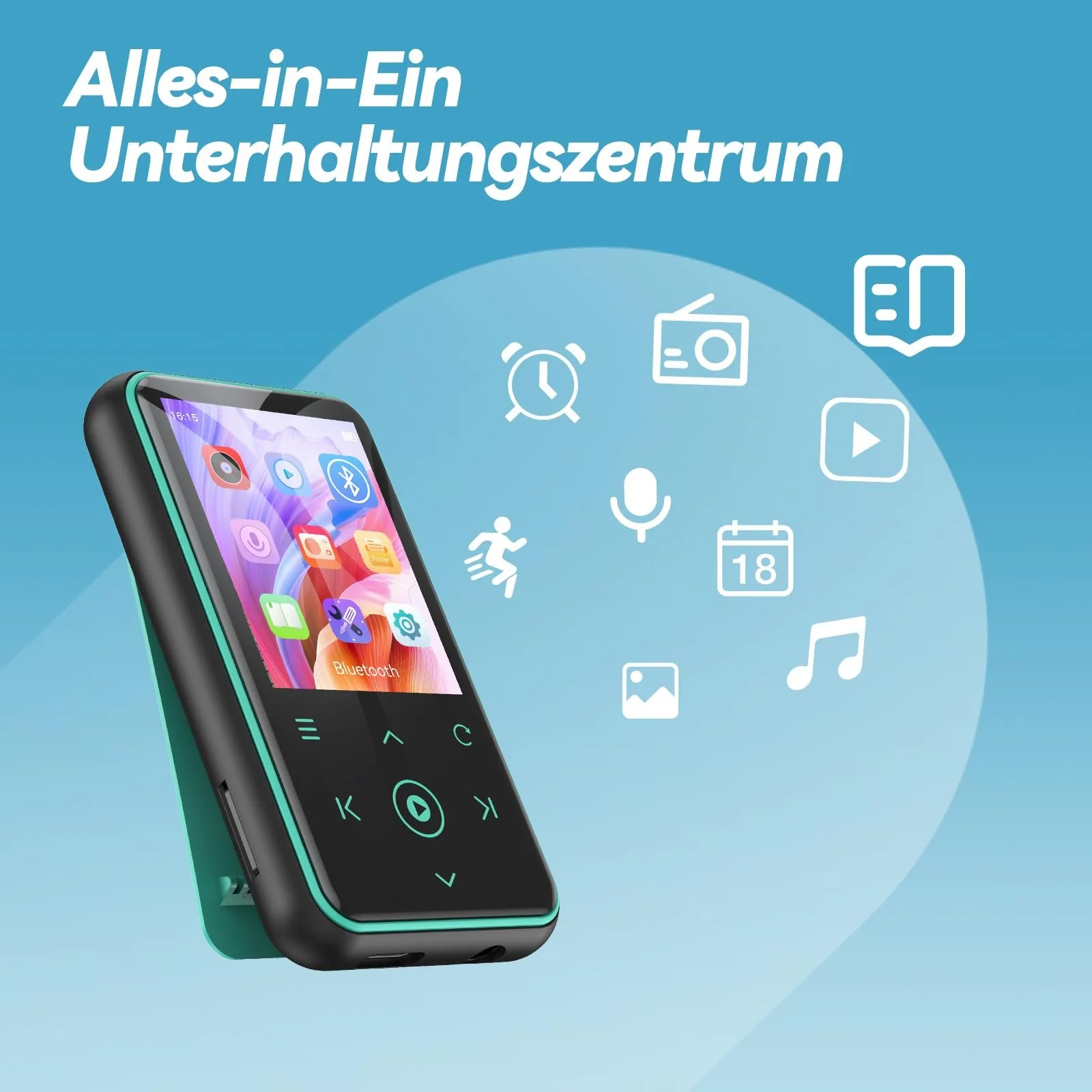 MP3-плеєр AGPTEK 64GB з кліпсою для спорту, Bluetooth 5.3, 1.8-дюймовий TFT кольоровий екран, міні-музичний плеєр з сенсорними кнопками, FM-радіо, крокомір, підтримка SD-карти до 128GB, синій, фото №3