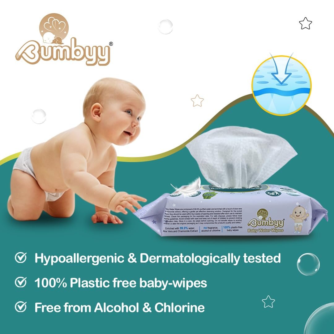 Вологі серветки Bumbyy Baby Water 240 штук (4 упаковки) з 99,9% вмістом води, без запаху, з екстрактом алое вера та ромашки, 100% на рослинній основі, без спирту, фото №5