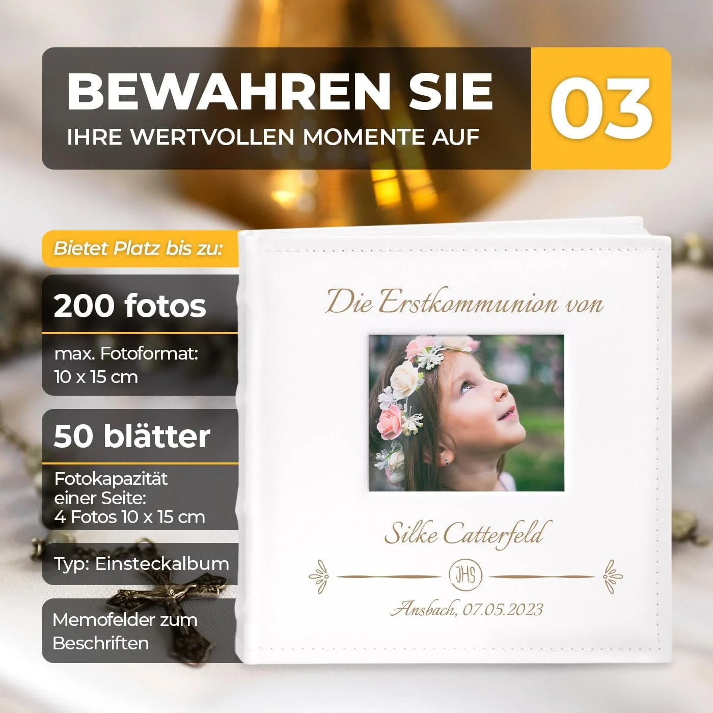 Альбом для фотографий Maverton вставного типа + с гравировкой - 21 x 22 см - Фотоальбом на 200 фотографий 10 x 15 см - 100 страниц - Белый - Подарок ребенку на рождение, крещение, причастие, подарок на день рождения, фото №4 Альбом для фотографий Maverton вставного типа + с гравировкой - 21 x 22 см - Фотоальбом на 200 фотографий 10 x 15 см - 100 страниц - Белый - Подарок ребенку на рождение, крещение, причастие, подарок на день рождения, фото №4