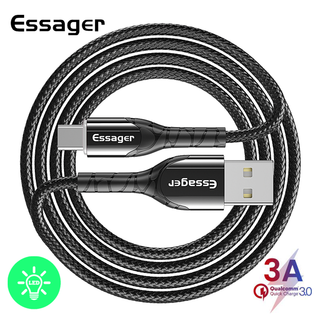 Зарядный кабель Zink чёрный с подсветкой ESSAGER USB Type-C 3A 1метр(PS), фото №1