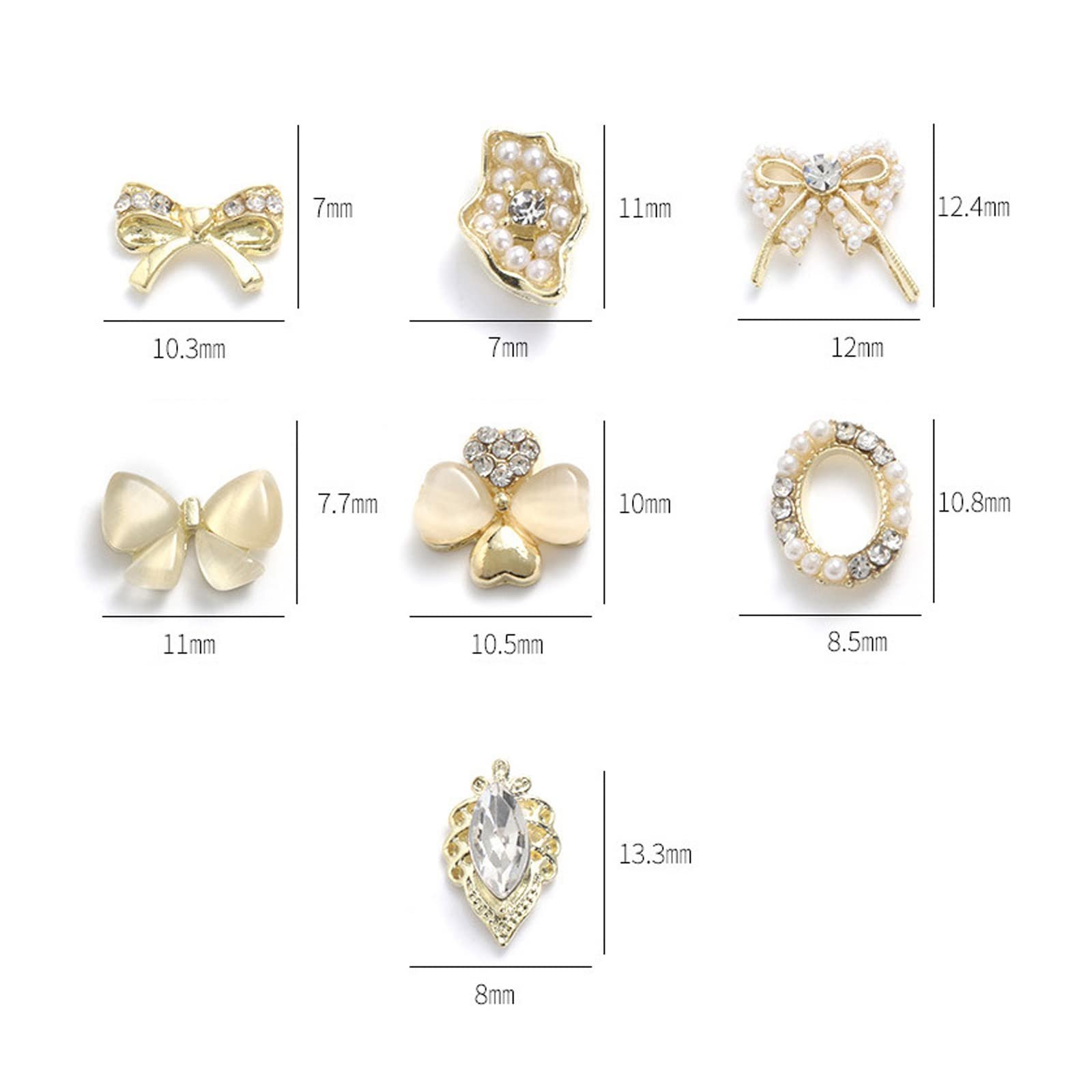 Стрази для нігтів, 70 шт (10 шт) для DIY мистецтва, блискучі, змішаної форми, з пласкою задньою частиною, золотистого кольору, фото №2