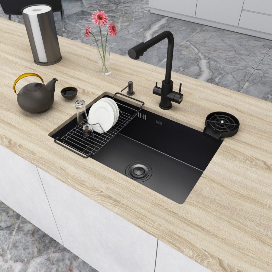Чорна кухонна мийка з нержавійки під стільницю 1.5 мм Nett NB-6845, фото №1