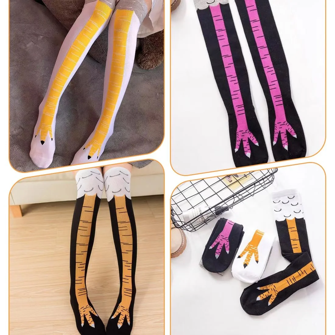 Носки с куриными лапками 3 пары (белый + желтый выше колена/черный + желтый выше колена/черный + розово-красный выше колена), фото №4