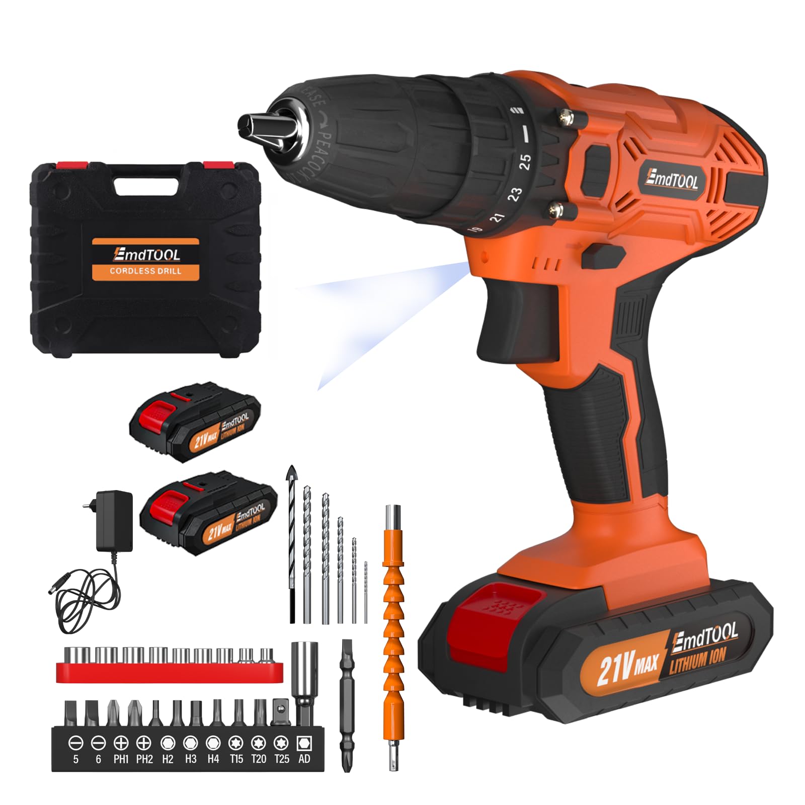 Шуруповерт VickyHome 21 В беспроводной с 2 батареями по 1500 мА·ч 0-400/0-1400 об/мин Регулируемая скорость, компактный Максимально 45 Н·м, фото №1