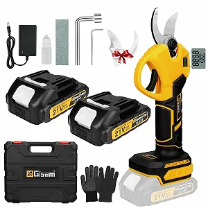 Акумуляторні секатори Gisam 40 мм, електричні ножиці для обрізки з 2 x 2Ah батареями та РК-дисплеєм, акумуляторні ножиці для троянд, регулювання отвору для обрізки живоплотів і фруктових дерев (жовтий) - Фото 1