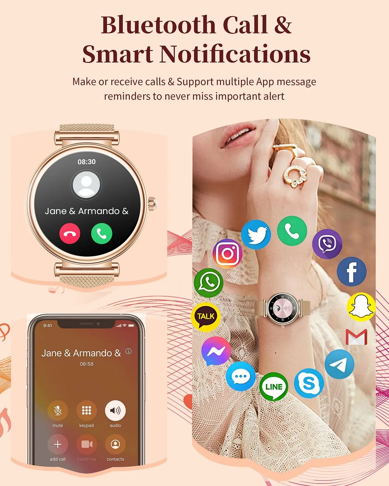 Смартгодинник жіночий, Смартгодинник з функцією телефона, IP68 водонепроникний, 1.3 дюймовий HD сенсорний екран, фото №3