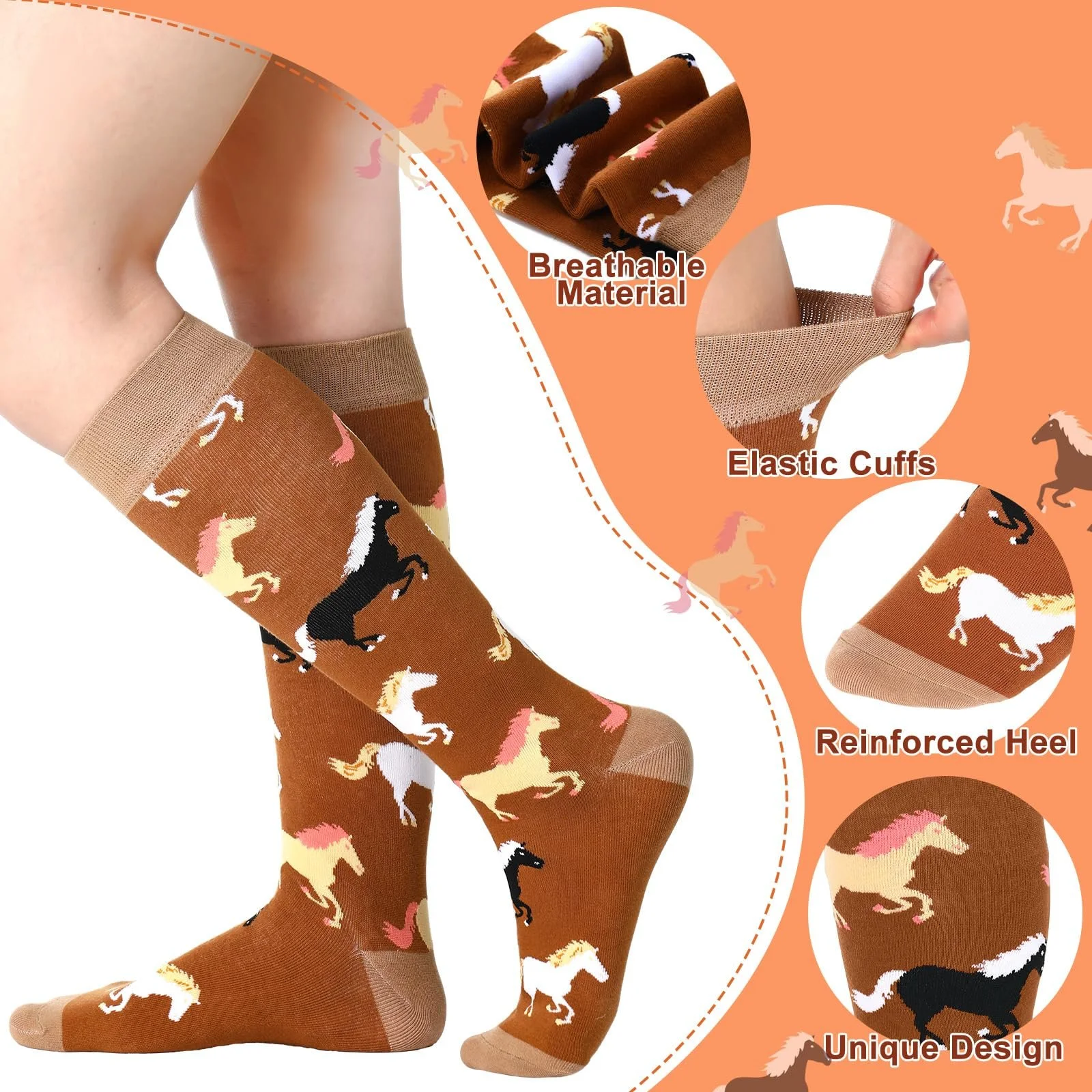 Носки Sintege с лошадьми, 5 пар, длинные носки для верховой езды, цветные носки до колена с рисунком животных, забавный подарок для любителей лошадей и всадников, фото №2