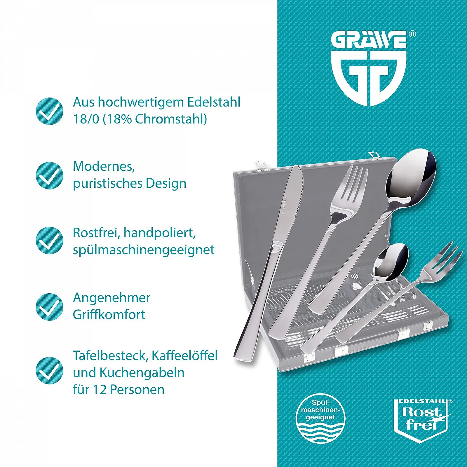 Набір столових приборів GRÄWE Würzburg Series у кейсі для 12 осіб, 60 предметів з нержавіючої сталі з виделкою для торта, фото №2