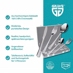 Набір столових приборів GRÄWE Würzburg Series у кейсі для 12 осіб, 60 предметів з нержавіючої сталі з виделкою для торта synthetic.ua - Фото 1