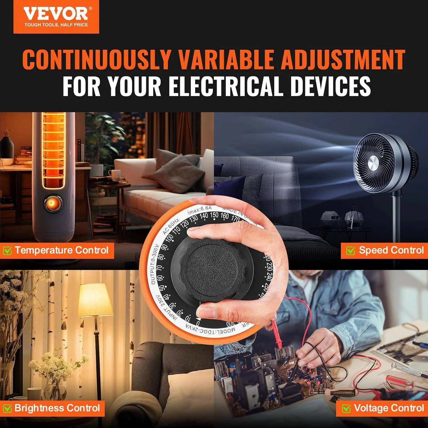 Трансформатор переменного напряжения VEVOR TDGC2-2000VA / 0-300 В / 2000 ВА / 6.6 А / Оранжевый, фото №8 Трансформатор переменного напряжения VEVOR TDGC2-2000VA / 0-300 В / 2000 ВА / 6.6 А / Оранжевый, фото №8