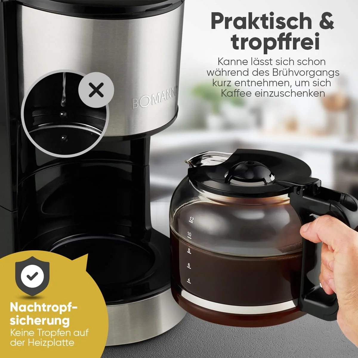 Капельная кофеварка Bomann KA 6071 CB 12-14 чашек Нержавеющая сталь Система «капля-стоп» 800 W, фото №4