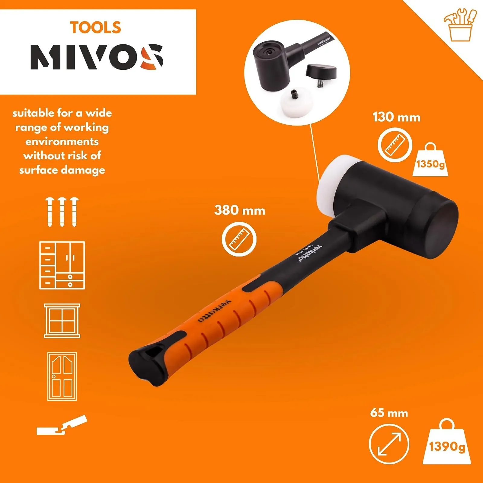 Безынерционный мягкий молоток Mivos 1350 г 65 мм Белый Черный, фото №2 Безынерционный мягкий молоток Mivos 1350 г 65 мм Белый Черный, фото №2