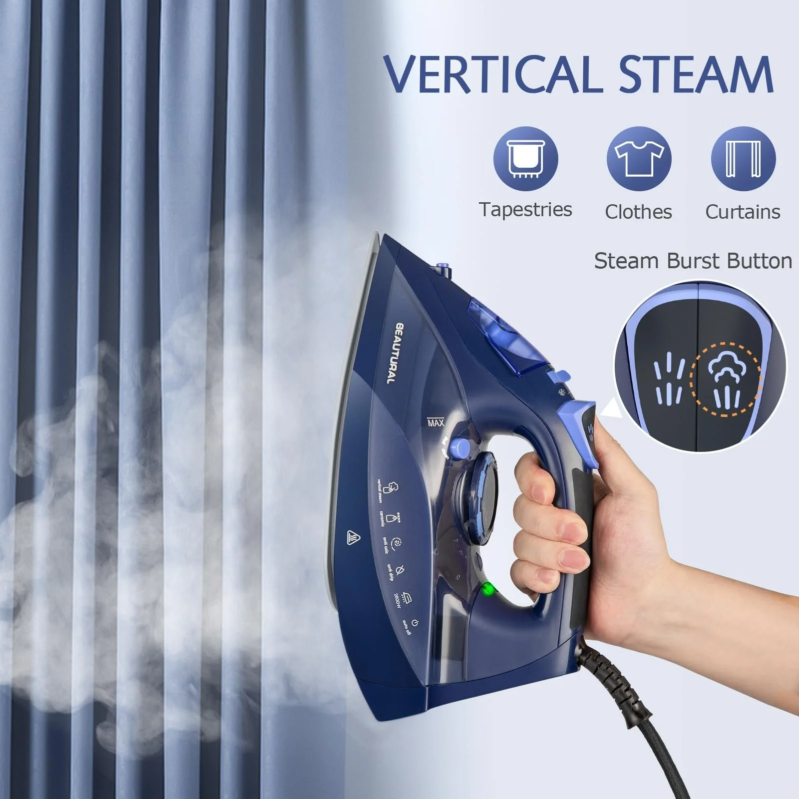 Паровой утюг BEAUTURAL 2600 W Ceramic Soleplate 350 ml Blue, фото №3