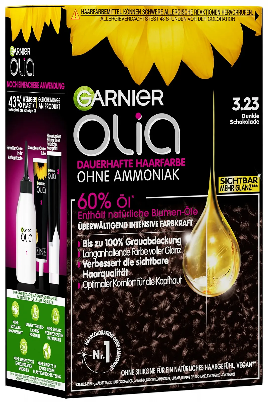 Фарба для волосся Garnier Olia Олійний Колір Стійка, без аміаку для приємного аромату, інтенсивний колір, 3.23 Темний Шоколад, 60 г, фото №1