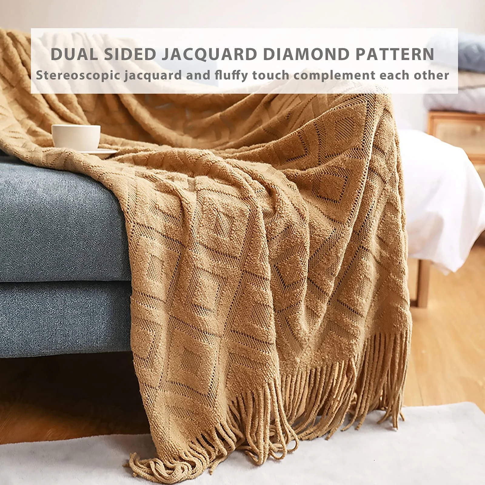 В'язаний Плед LumiSyne Однотонний Жаккардовий Ромбовидний Візерунок Бежевий 180 x 240 см, фото №5