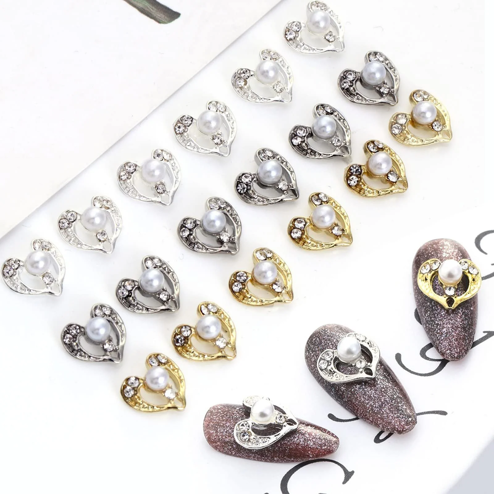 Аксессуары для дизайна ногтей Стразы 3D Блестки Стразы для ногтей Бусины Сплав 10шт Бусины Кристалл Сердце Любви Серебро, фото №3