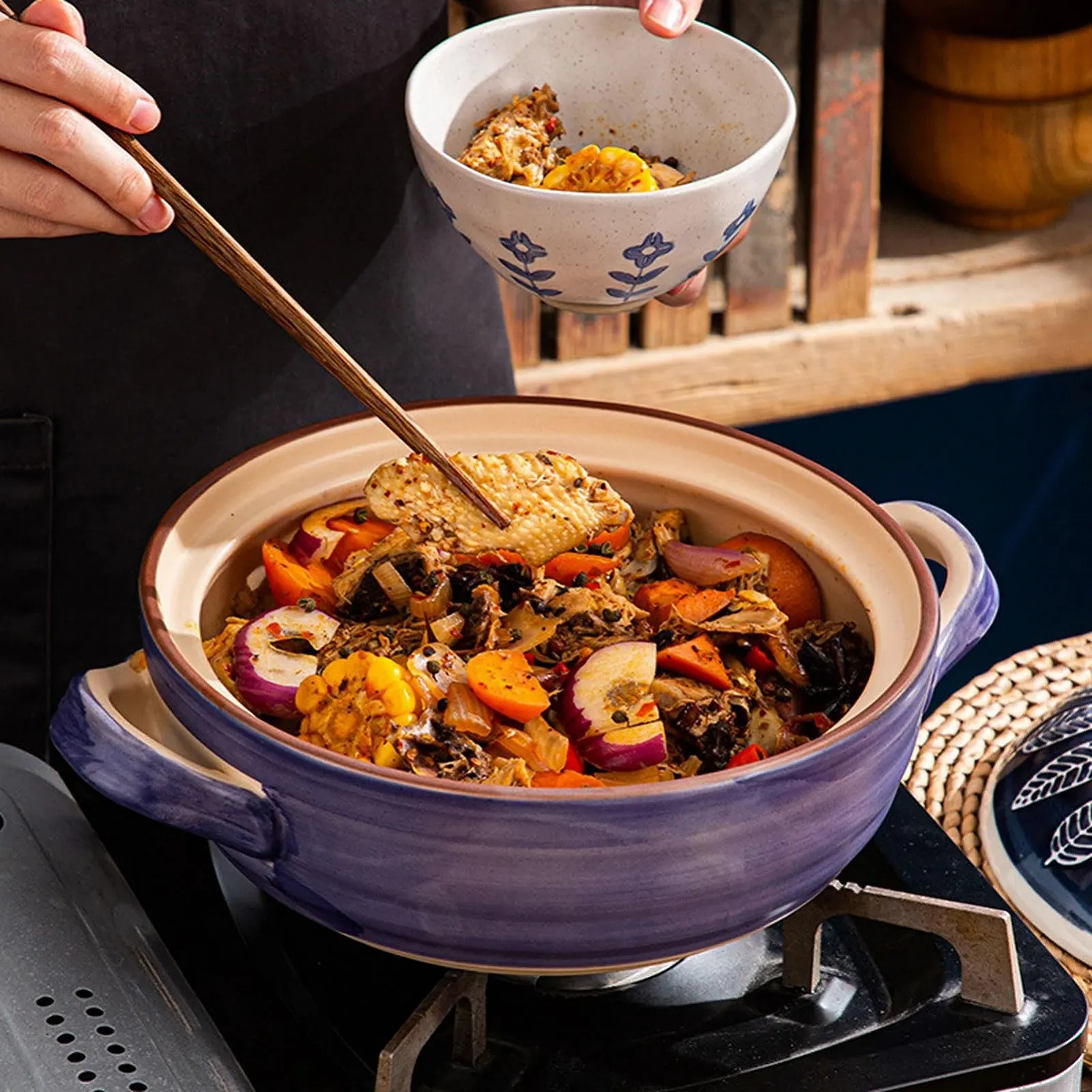 Каструля керамічна HUHJYUGE Japanese Donabe 1.5 л кругла з кришкою, фото №4