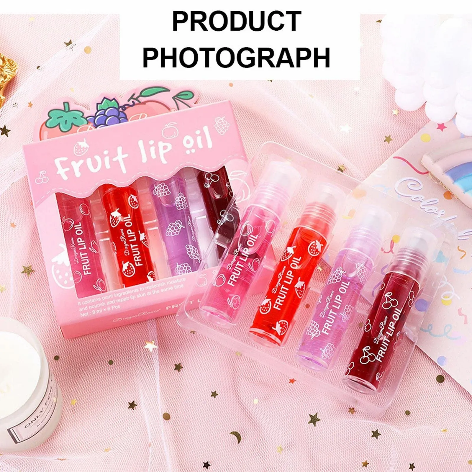 Масло для губ, увлажняющее масло для губ для девочек, набор масел для губ Rolling со вкусом свежих фруктов, увлажняющий бальзам для губ, набор роликовых блесков для губ, прозрачный блеск для губ, фото №5