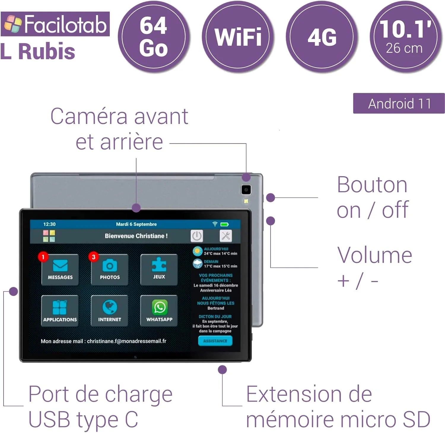 Планшет 10.1" Full HD Facilotab L Rubis 4/64Gb 4G 2-SIM 8 ядер Android 11 6850 mAh Сірий, фото №3