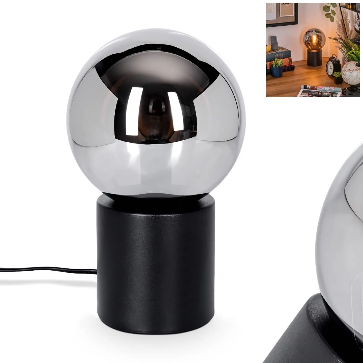 Настільна лампа HOFSTEIN Gastor Metal / Glass Retro/Vintage E14 Black / Chrome / Smoke, фото №1