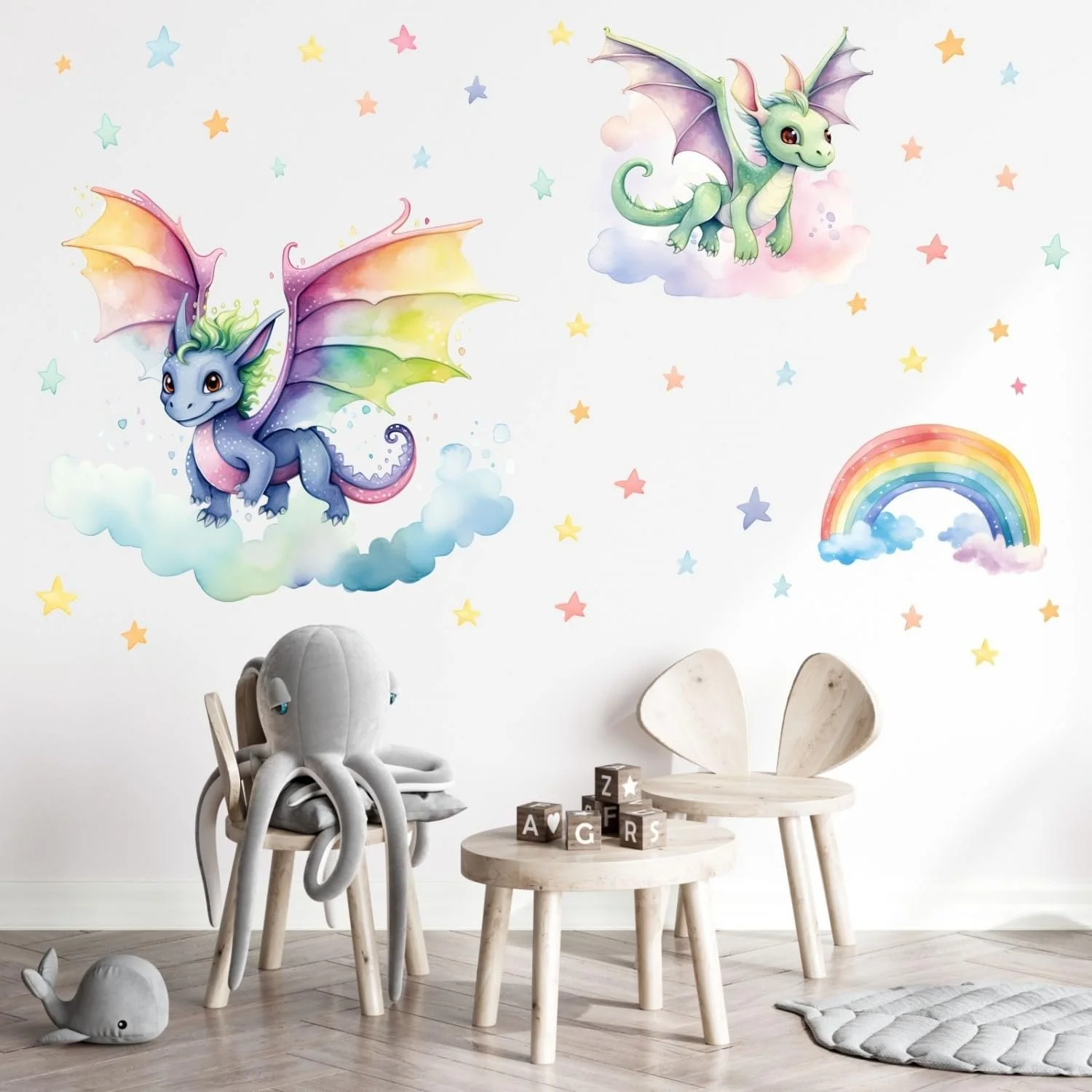 Наклейки на стіну 255 шт. Кольорові дракони з веселкою та зірками 750 x 420 мм, фото №4