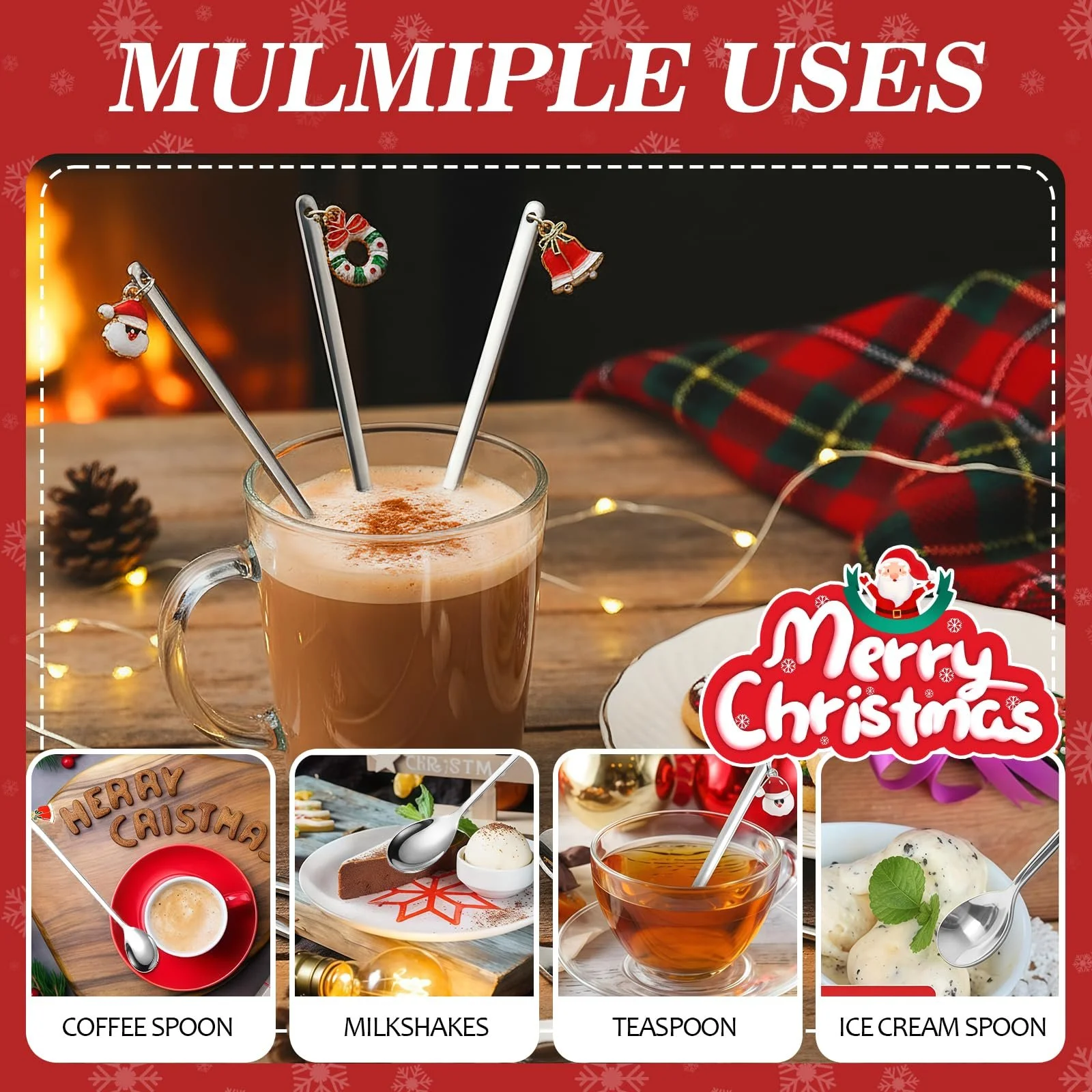 Набор из 6 рождественских ложек из нержавеющей стали, праздничные кофейные ложки с рождественским кулоном в элегантном дизайне, элегантная десертная ложка и ложка для смешивания для рождественского и зимнего украшения стола, фото №5