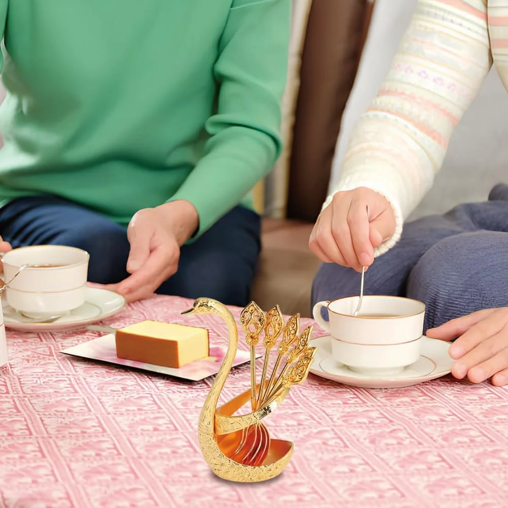 Ложка чайная, Эспрессо Ложка, Десертная Ложка, Кофейная Ложка с Держателем в Форме Лебедя, Маленькая Ложка, Металлический Органайзер с 6 Ложками, Набор Чайных Ложек для Чая, Кофе, Десерта, Можно мыть в посудомоечной машине, фото №3