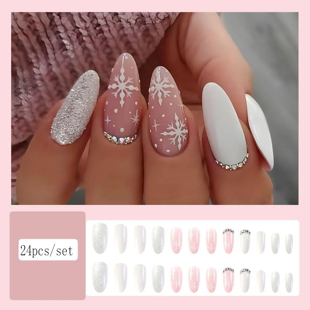 Накладні нігті Christmas False Nails Snowflake довгі круглі 24 шт. B, фото №2