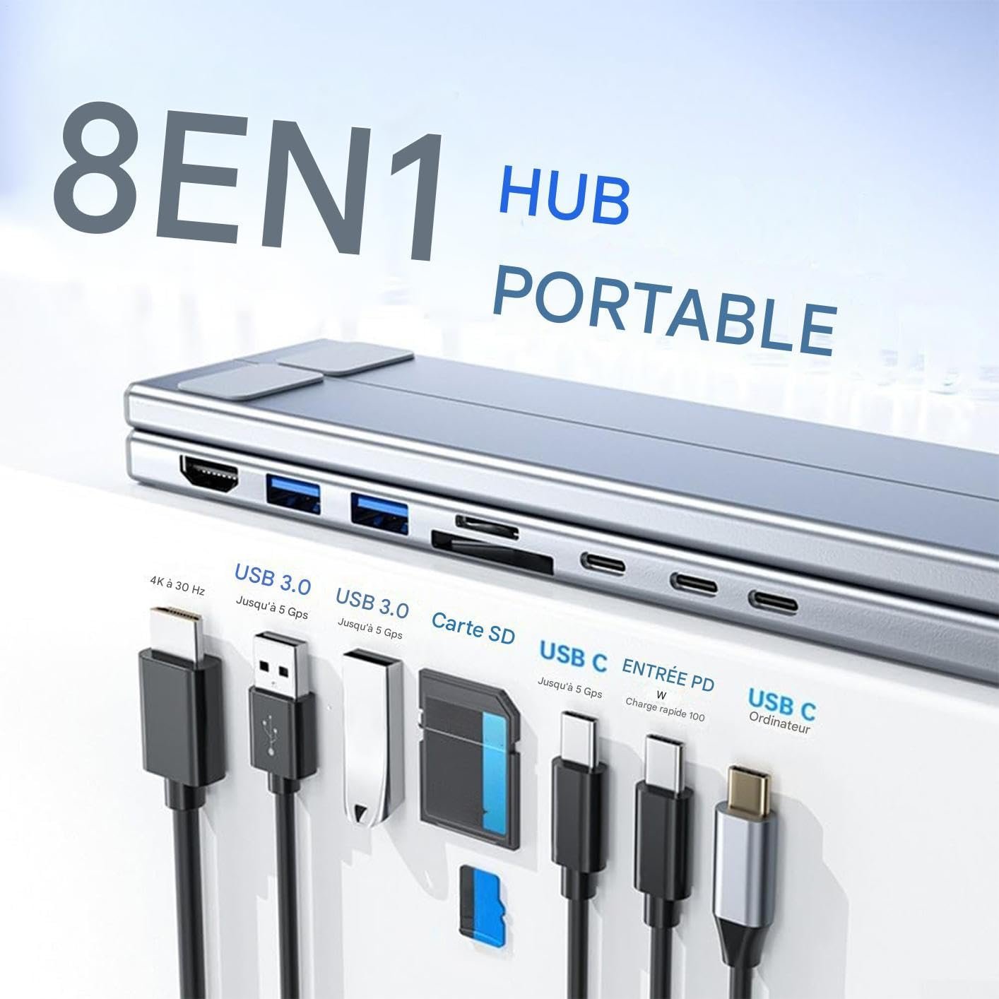 Подставка для ноутбука Регулируемая подставка для планшета Эргономичный многопортовый адаптер 8 в 1 Быстрая зарядка для ноутбука и офиса, фото №6