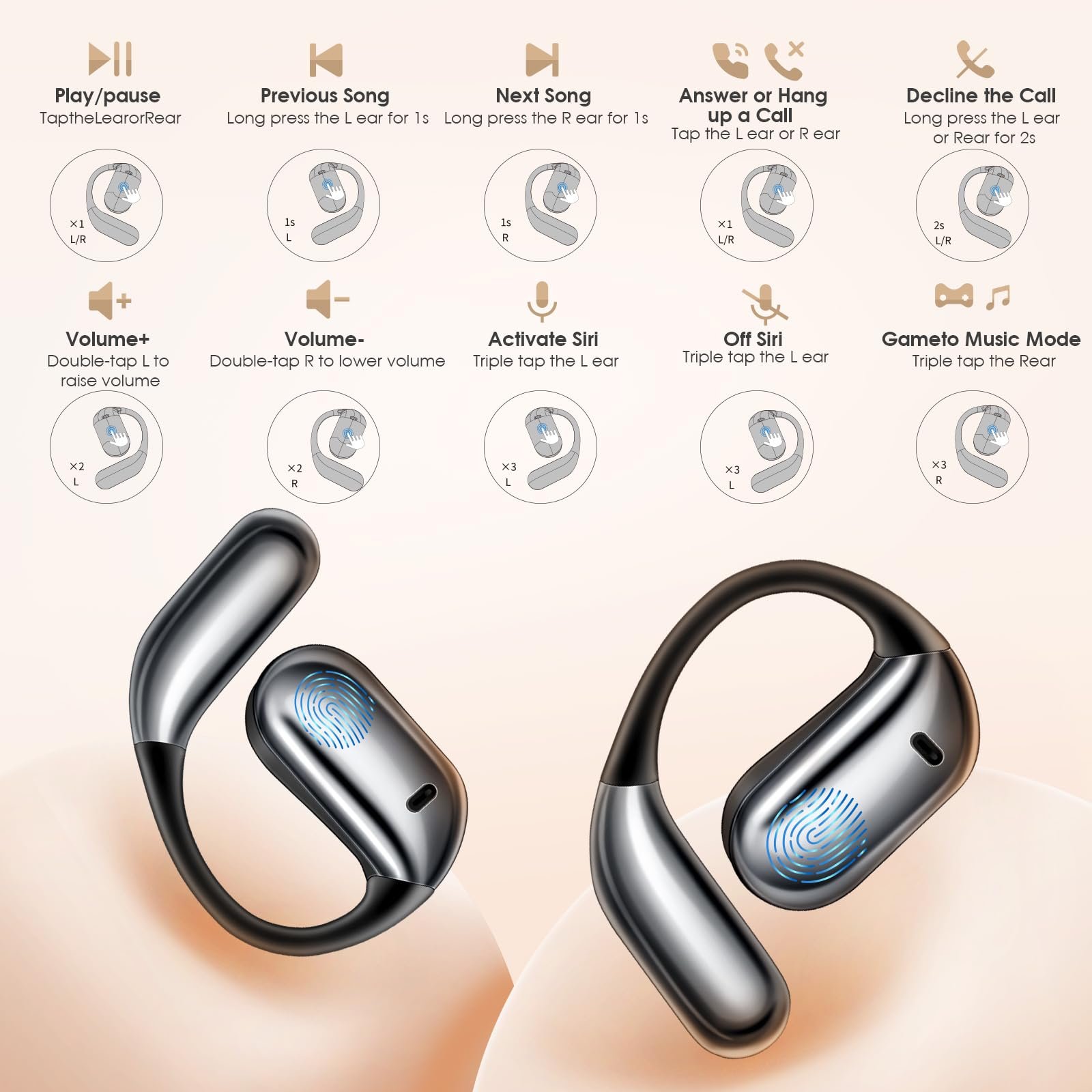 Навушники-перекладачі AI з сенсорним LCD екраном з підтримкою 144 мов, 60 годин роботи, Bluetooth 5.4, для подорожей, навчання та спорту, фото №4