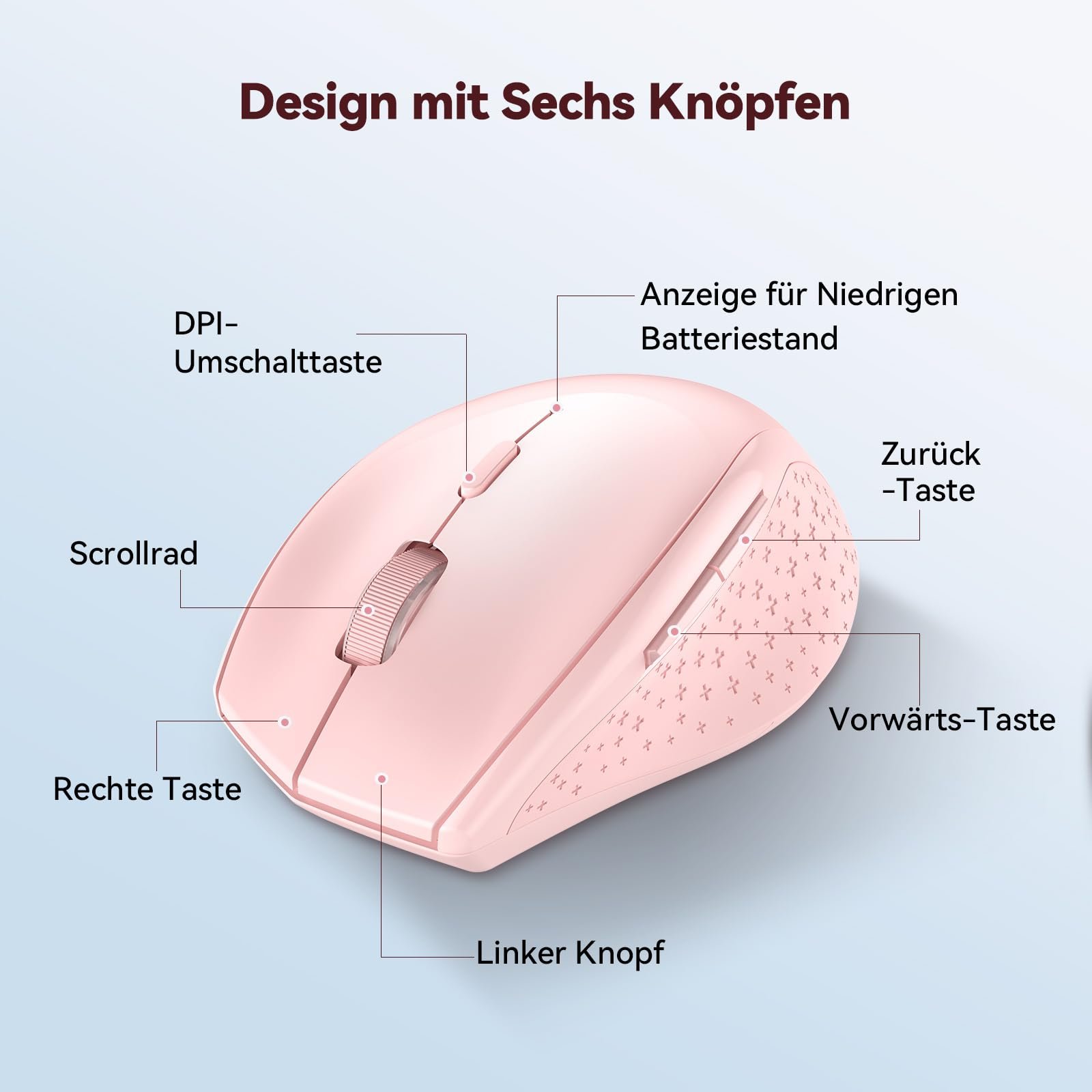 Миша Bluetooth TECKNET Бездротова 3200 DPI 6 рівнів DPI Рожевий, фото №5