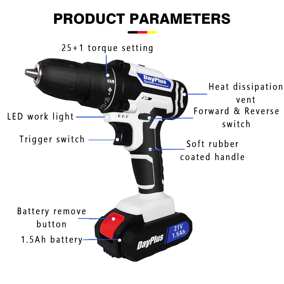 Безшнурова дриль Шурупокрут 21 В 45 Нм з акумулятором 1500 мАг 18+1 рівнів крутного моменту 2 передачі з LED підсвіткою, фото №2