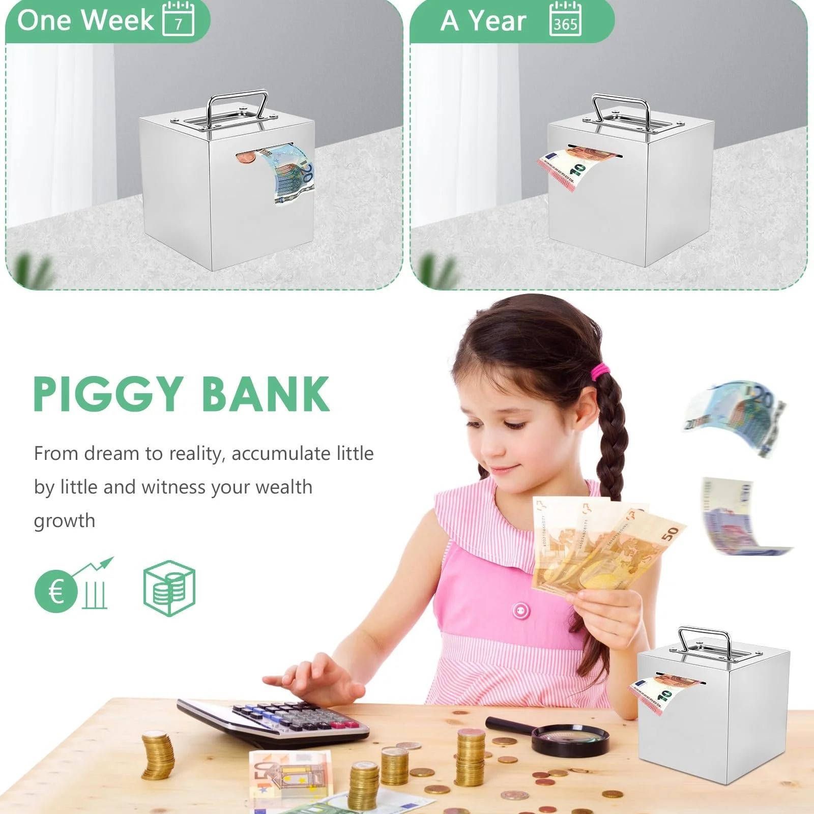 Скарбничка-сейф із нержавіючої сталі з ручкою велика з ключем, фото №2