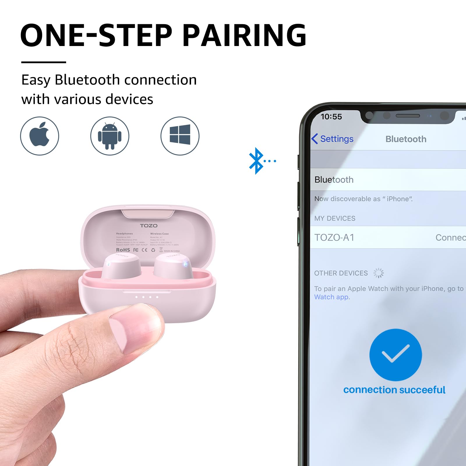 Наушники TOZO A1 Mini Bluetooth 5.3 Беспроводные В ухо С управлением через приложение, 30 час. премиум стереозвук IPX5 Водонепроницаемые Для маленьких ушей - Розовое золото, фото №3